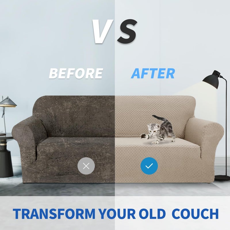ZNSAYOTX 1 Piece Jacquard Couch Covers for 2 Cushion Couch High Stretch Loveseat Slipcover for Pets Dogs Anti Slip Love Seat Sofa Slipcover Furniture Protector (Loveseat, Khaki) - Image 5